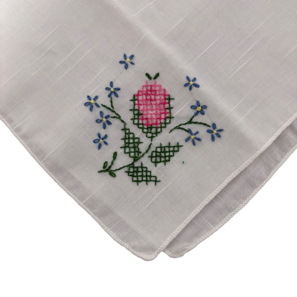 VTG Hand Embroidered Cotton Handkerchief Set of 6 Floral Pink Blue White